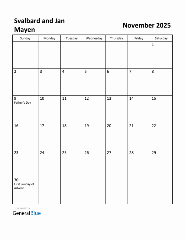November 2025 Calendar with Svalbard and Jan Mayen Holidays