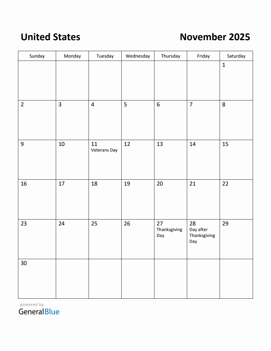 Free Printable November 2025 Calendar for United States