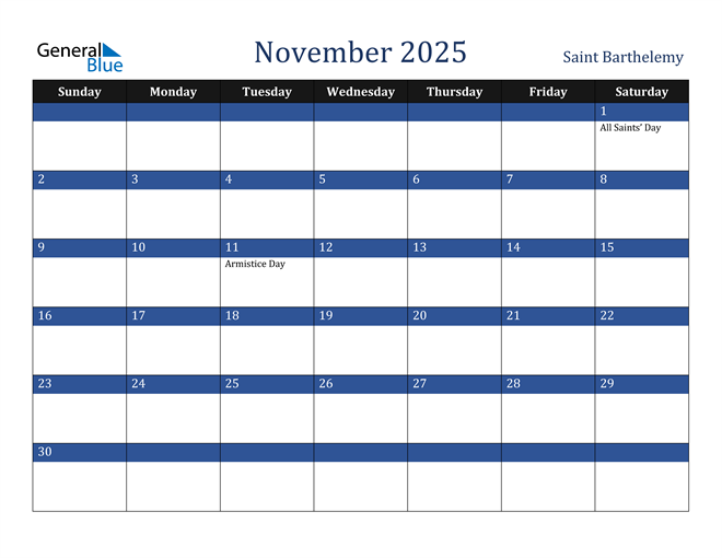 November 2025 Saint Barthelemy Calendar