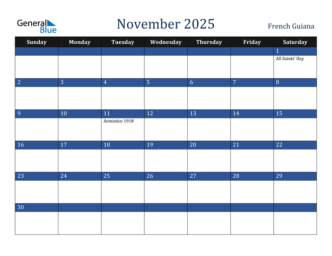 French Guiana November 2025 Calendar with Holidays