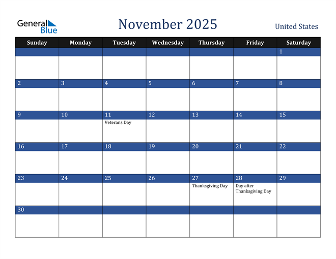November 2025 Calendar with United States Holidays
