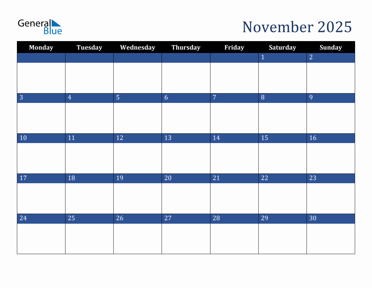November 2025 Downloadable Monday Start Calendar