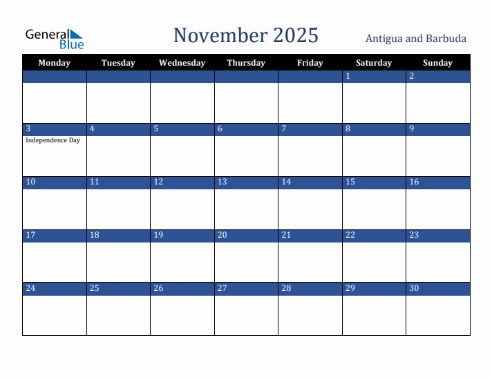 November 2025 Antigua and Barbuda Calendar (Monday Start)