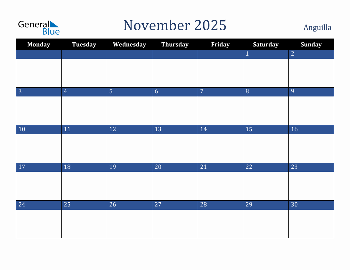November 2025 Anguilla Holiday Calendar