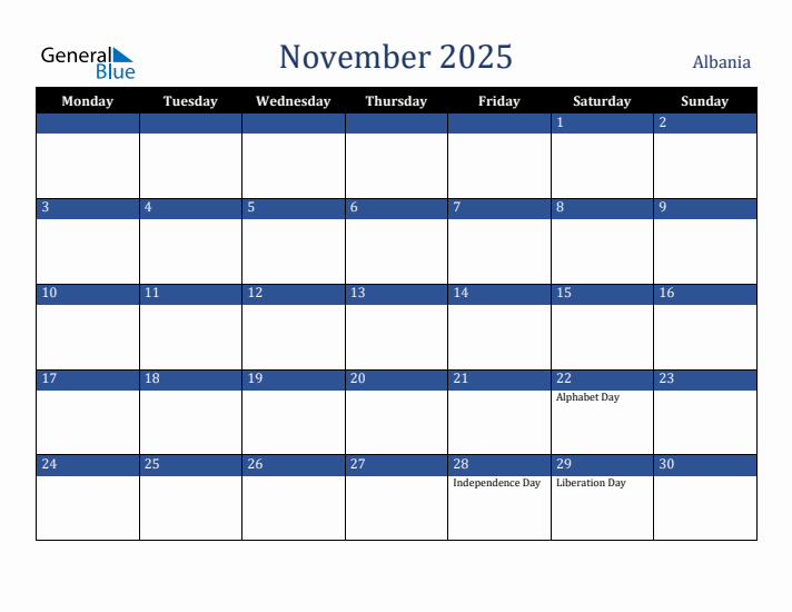 November 2025 Albania Calendar (Monday Start)
