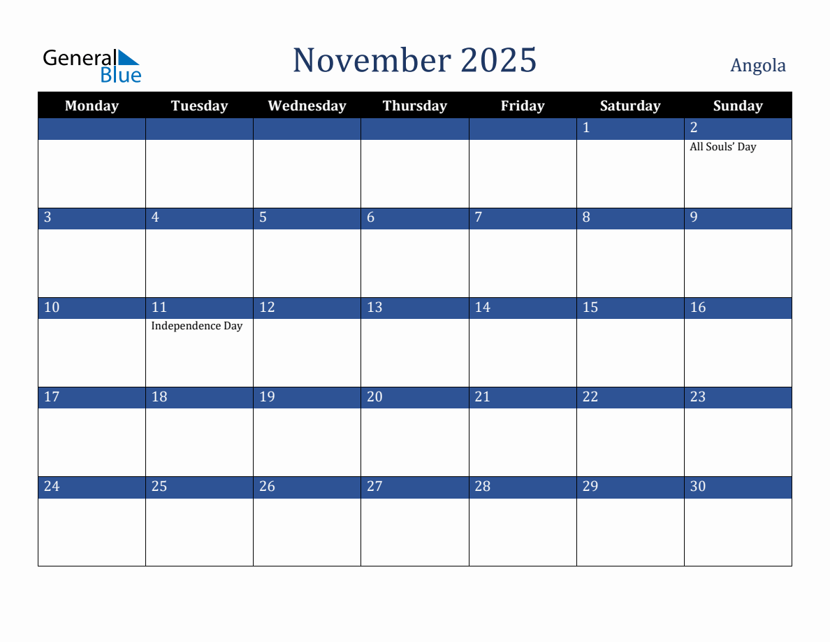 November 2025 Angola Holiday Calendar