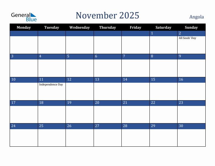November 2025 Angola Calendar (Monday Start)