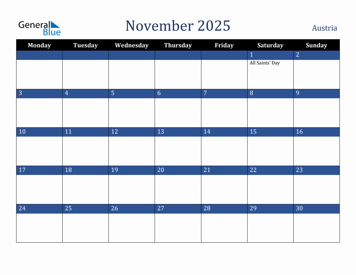 November 2025 Austria Holiday Calendar