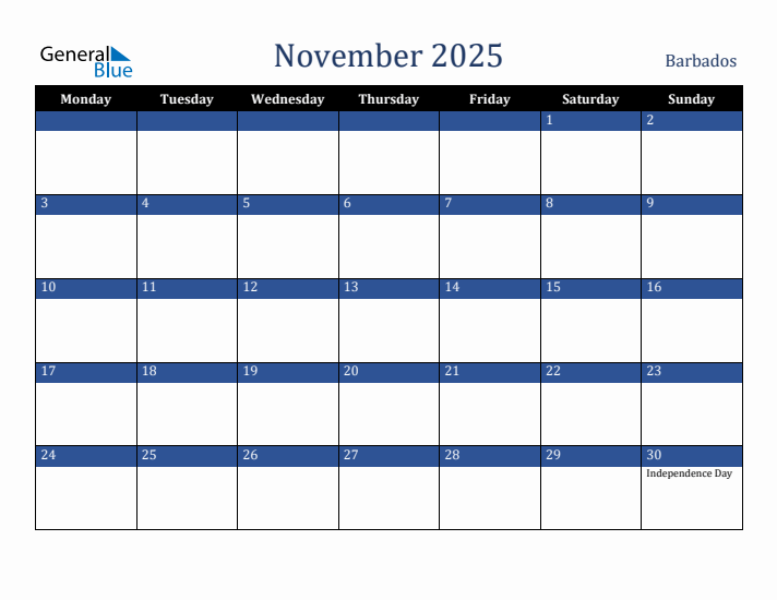 November 2025 Barbados Calendar (Monday Start)