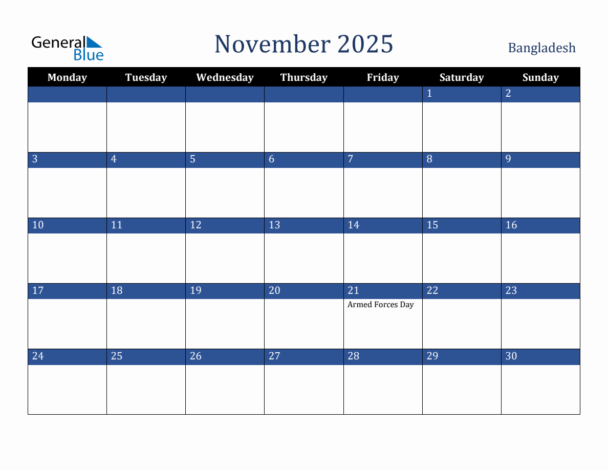 November 2025 Bangladesh Holiday Calendar