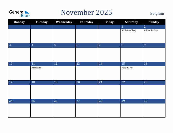 November 2025 Belgium Calendar (Monday Start)