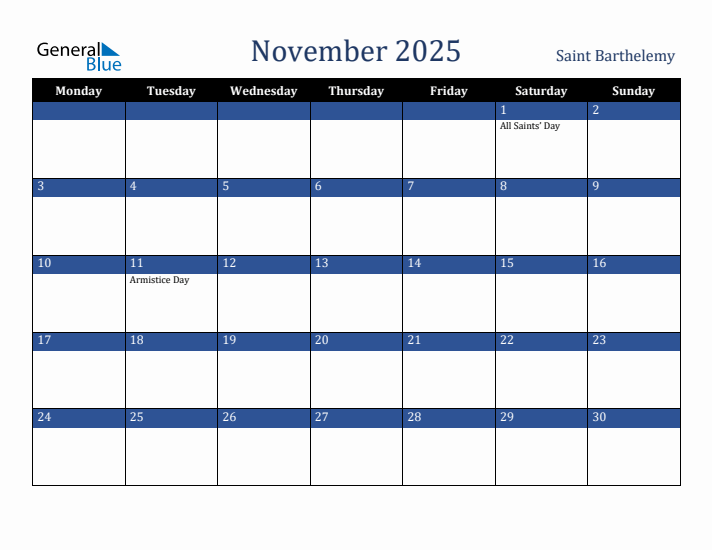 November 2025 Saint Barthelemy Calendar (Monday Start)
