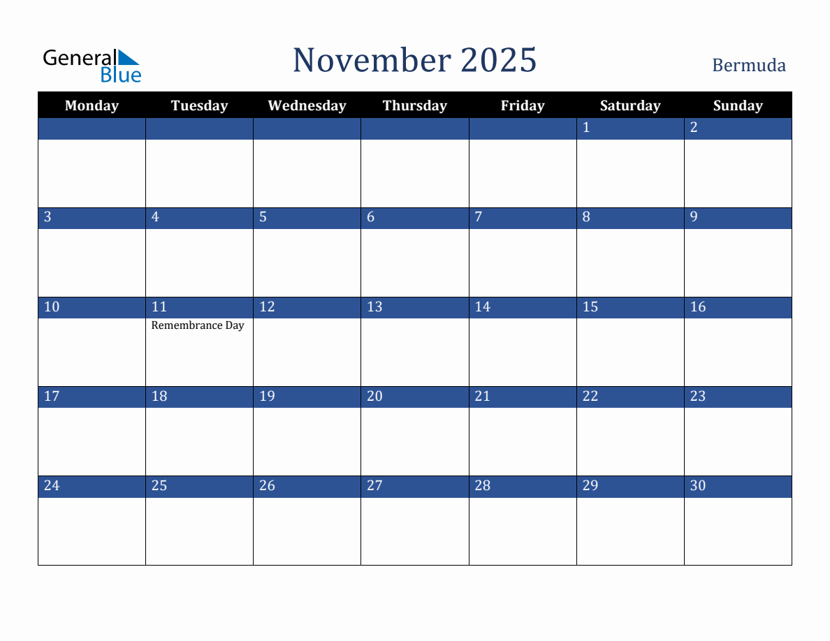 November 2025 Bermuda Holiday Calendar