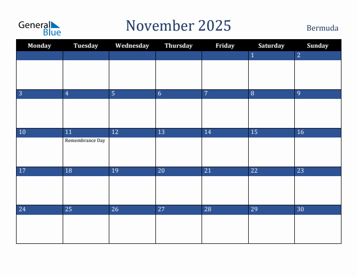 November 2025 Bermuda Calendar (Monday Start)