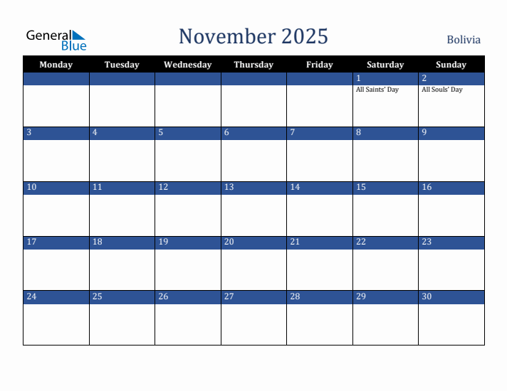 November 2025 Bolivia Calendar (Monday Start)