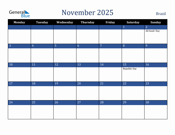 November 2025 Brazil Calendar (Monday Start)