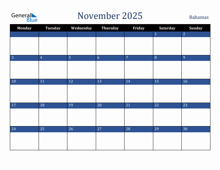 November 2025 Bahamas Monthly Calendar with Holidays