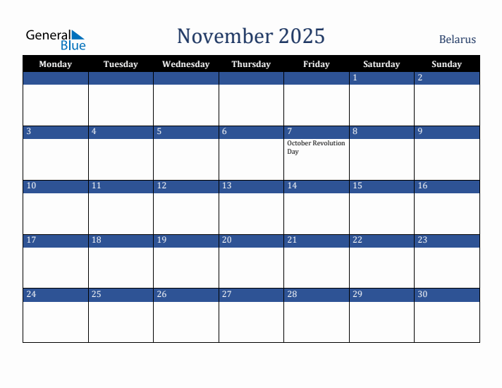 November 2025 Belarus Calendar (Monday Start)