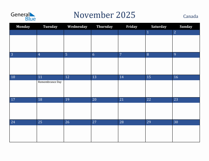 November 2025 Canada Calendar (Monday Start)