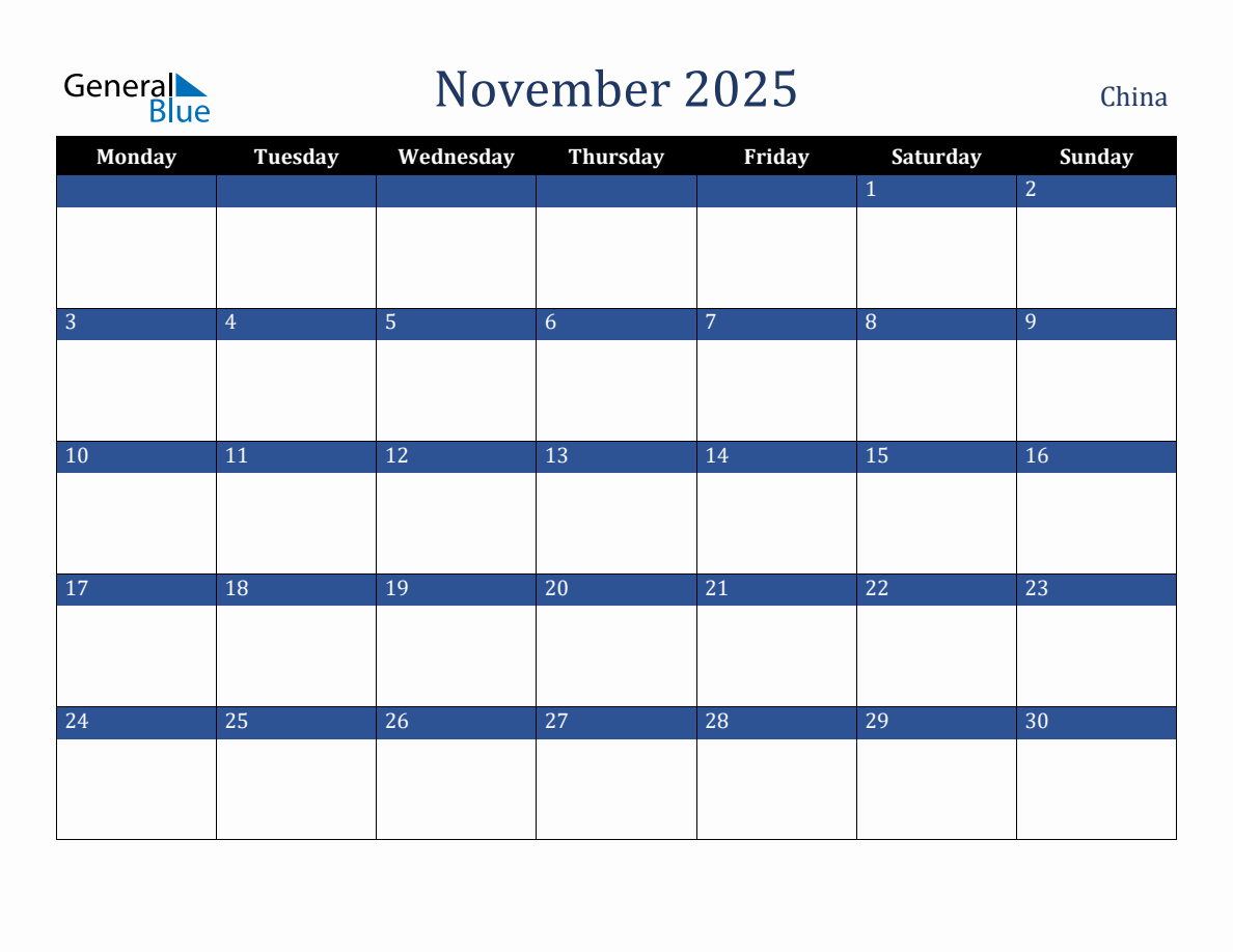 November 2025 China Holiday Calendar