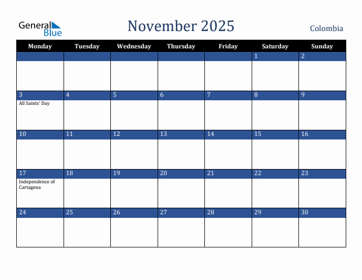 November 2025 Colombia Calendar (Monday Start)