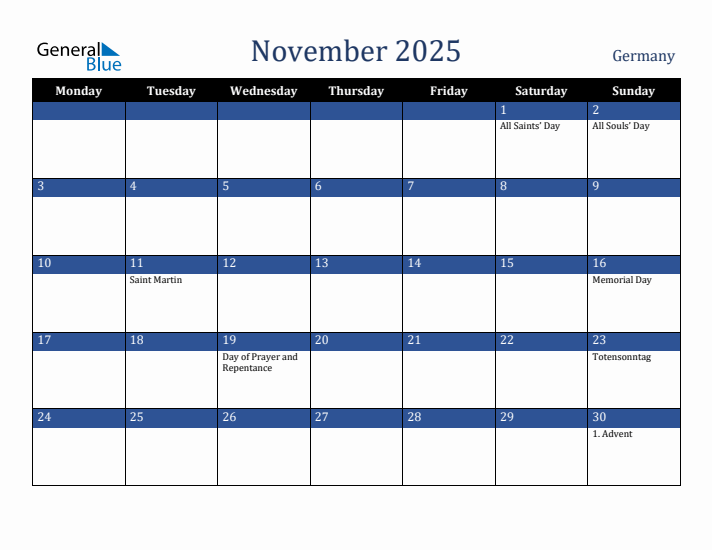 November 2025 Germany Calendar (Monday Start)