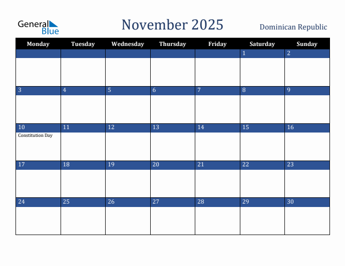 November 2025 Dominican Republic Calendar (Monday Start)