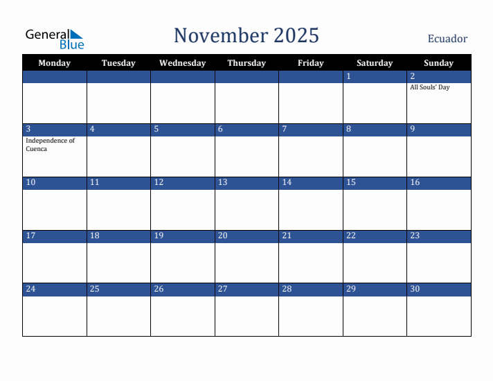 November 2025 Ecuador Calendar (Monday Start)