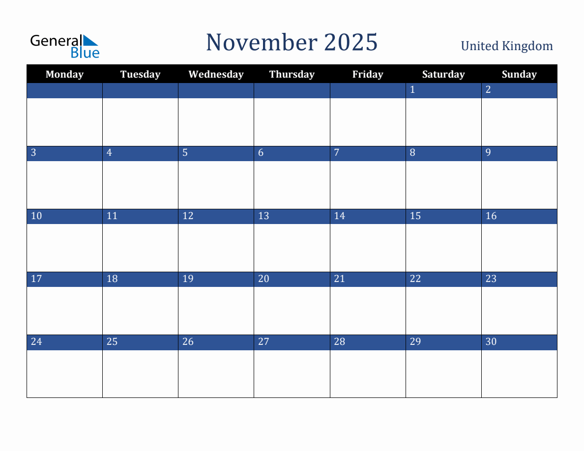 November 2025 United Kingdom Holiday Calendar