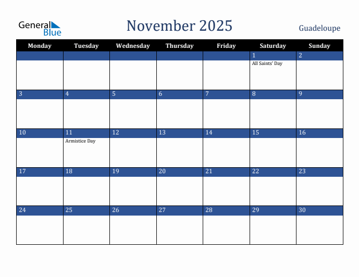 November 2025 Guadeloupe Calendar (Monday Start)