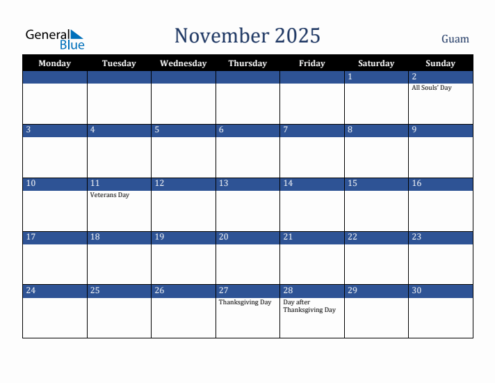 November 2025 Guam Calendar (Monday Start)