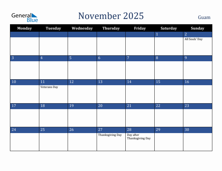 November 2025 Guam Monthly Calendar with Holidays