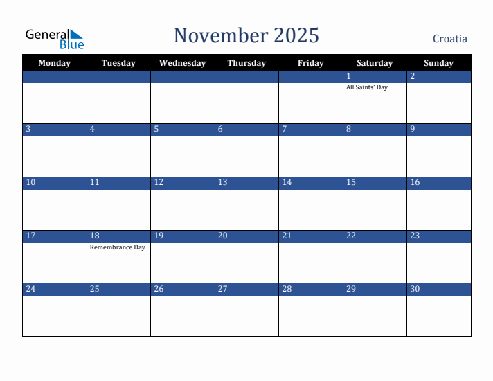 November 2025 Croatia Calendar (Monday Start)