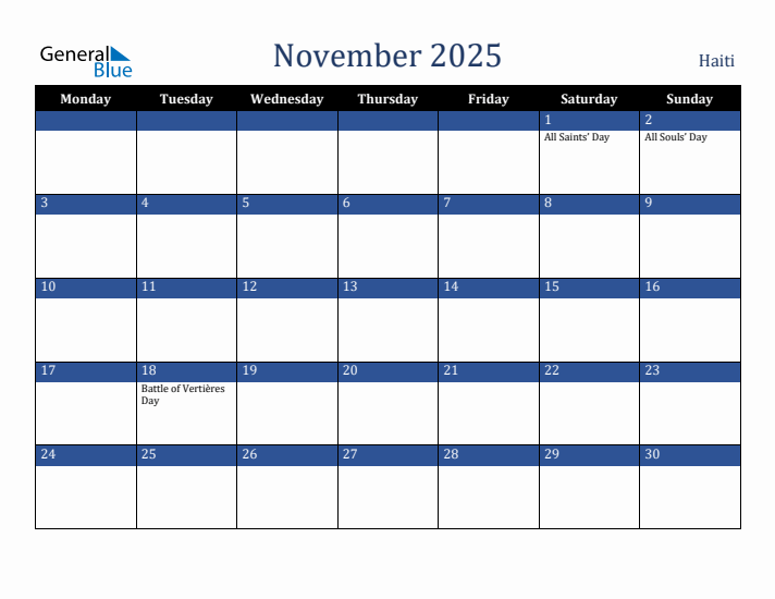 November 2025 Haiti Calendar (Monday Start)