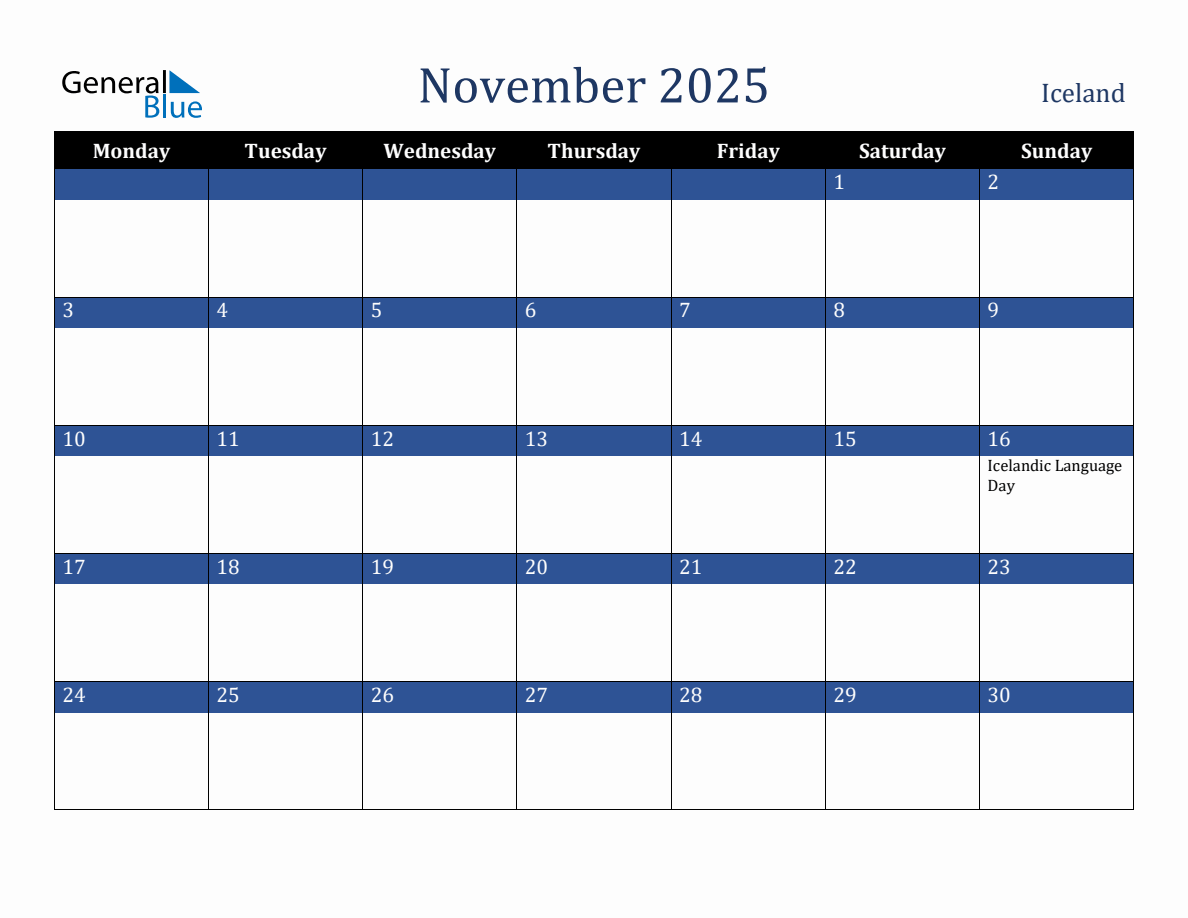 November 2025 Iceland Holiday Calendar