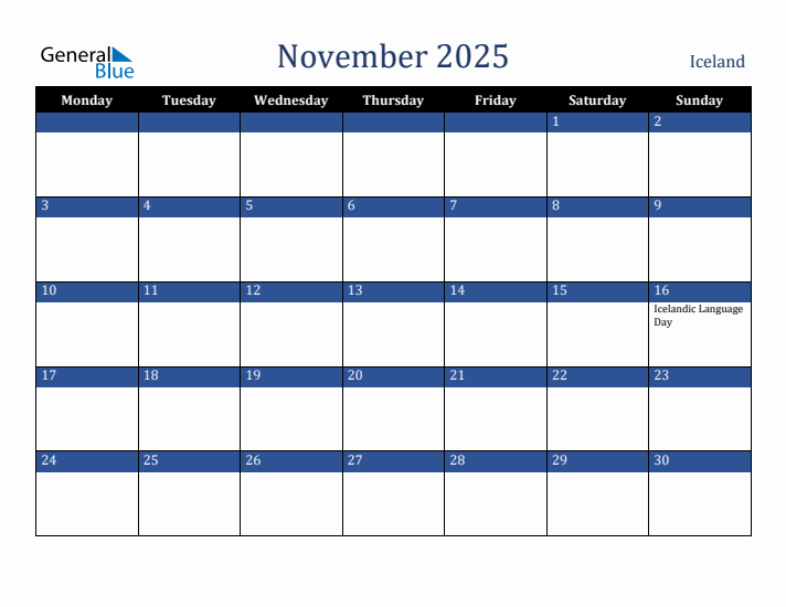 November 2025 Iceland Calendar (Monday Start)