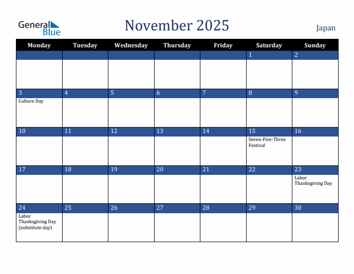 November 2025 Japan Calendar (Monday Start)