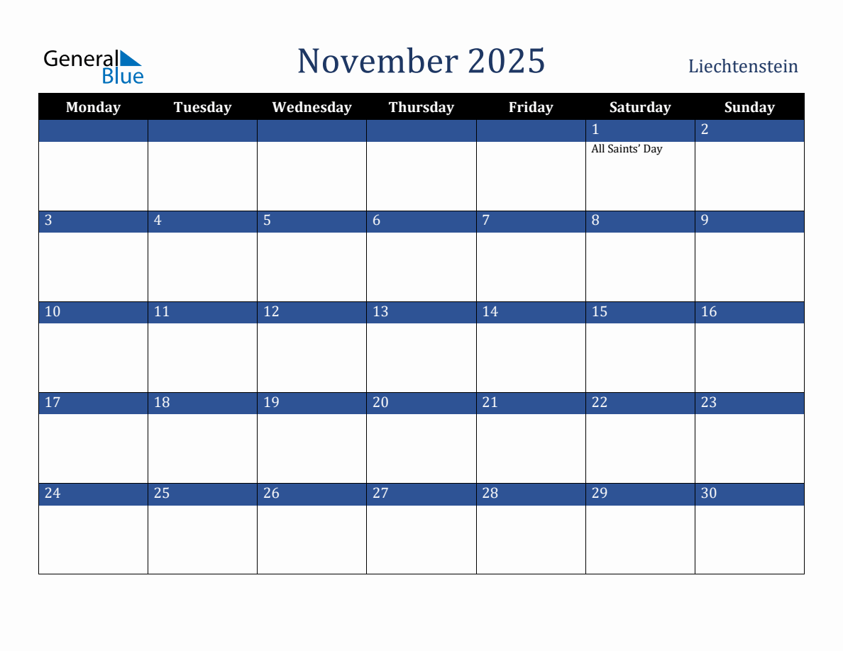 November 2025 Liechtenstein Holiday Calendar