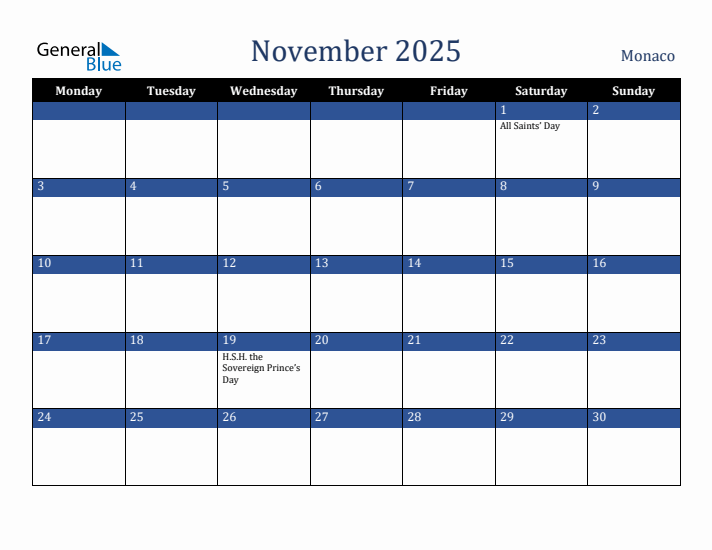 November 2025 Monaco Calendar (Monday Start)