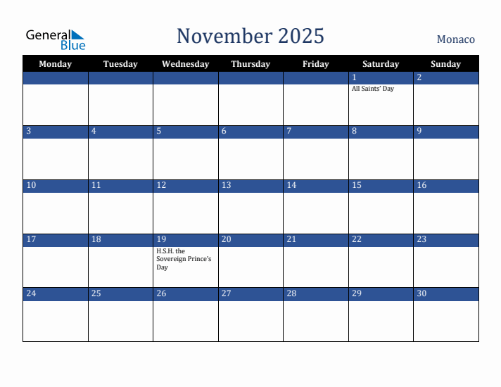 November 2025 Monaco Monthly Calendar with Holidays