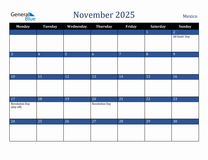 November 2025 Mexico Calendar (Monday Start)