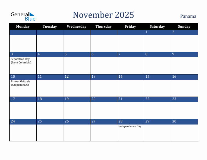 November 2025 Panama Calendar (Monday Start)