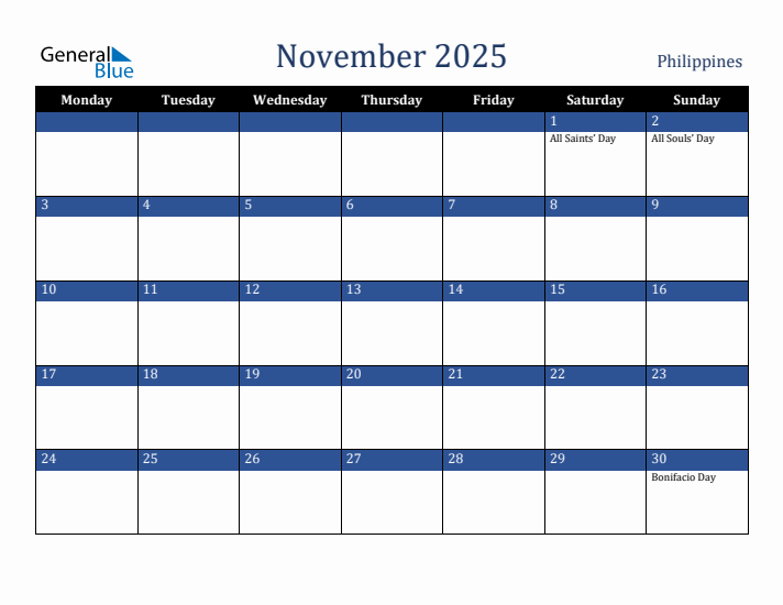 November 2025 Philippines Calendar (Monday Start)