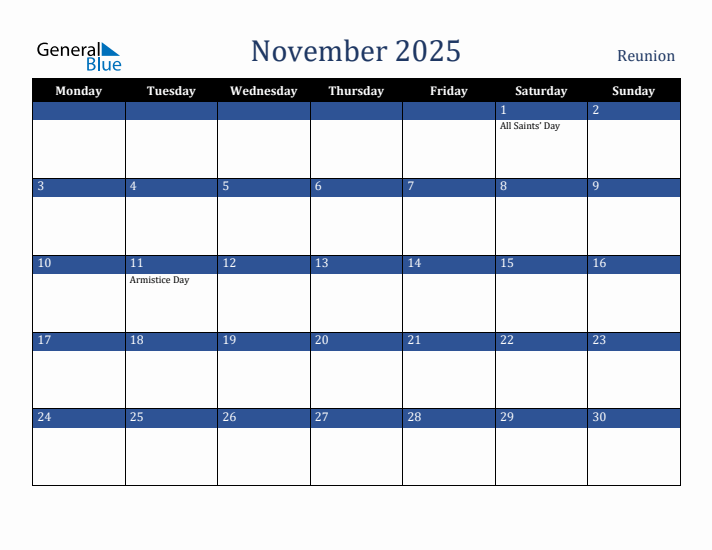 November 2025 Reunion Monthly Calendar with Holidays