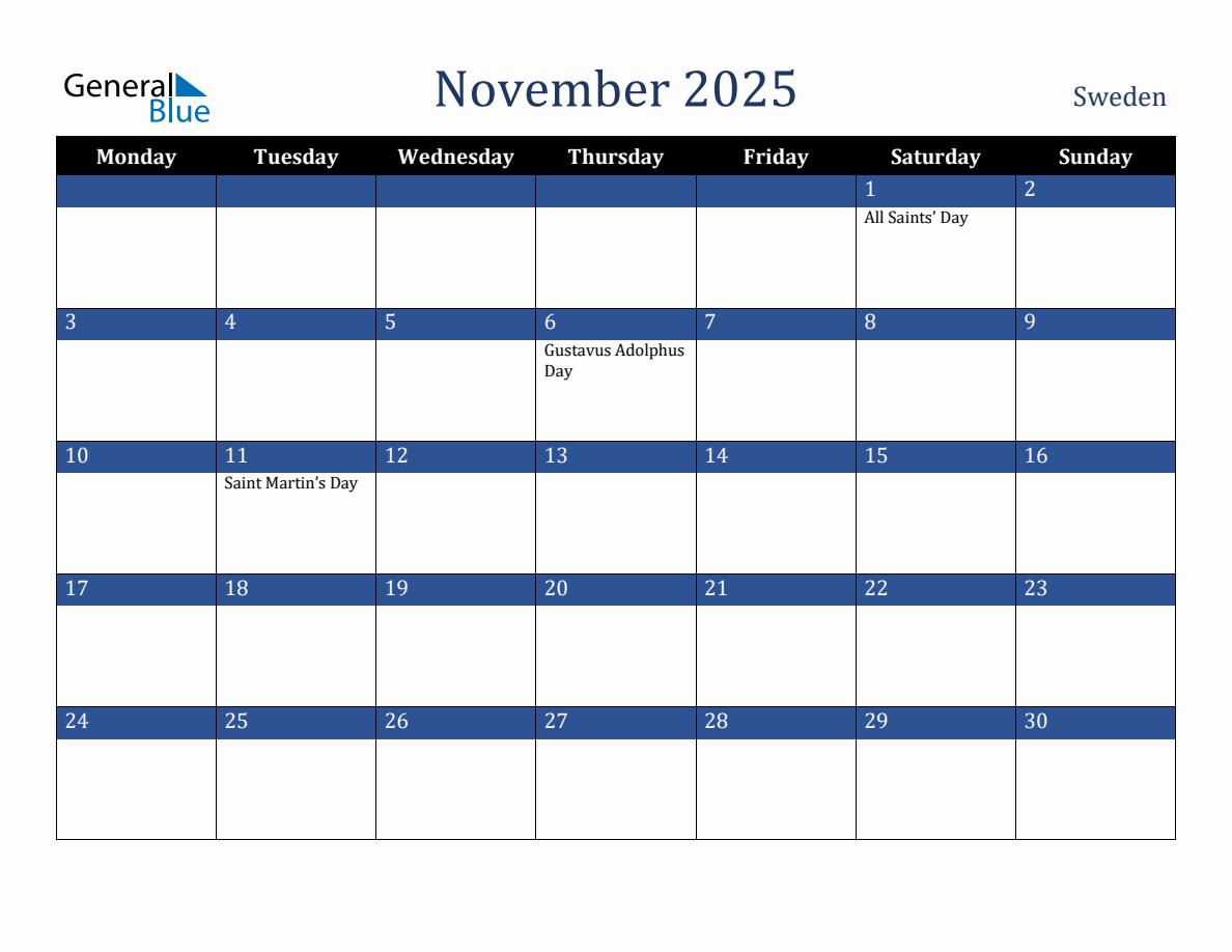 November 2025 Sweden Holiday Calendar