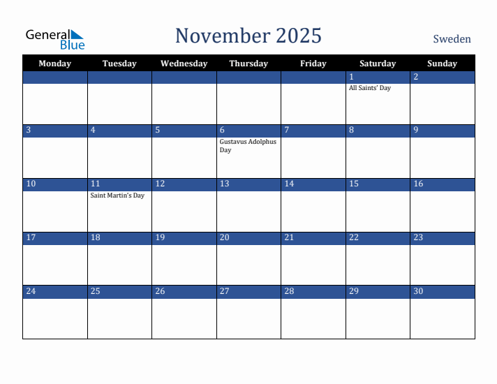 November 2025 Sweden Calendar (Monday Start)