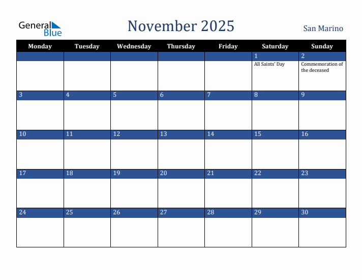November 2025 San Marino Calendar (Monday Start)