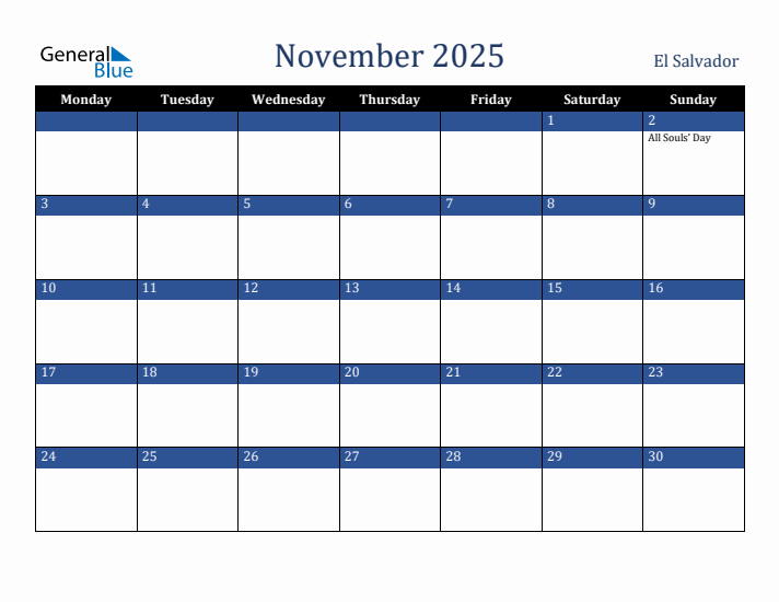November 2025 El Salvador Calendar (Monday Start)