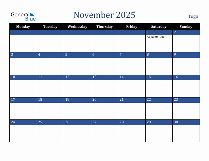 November 2025 Togo Calendar (Monday Start)