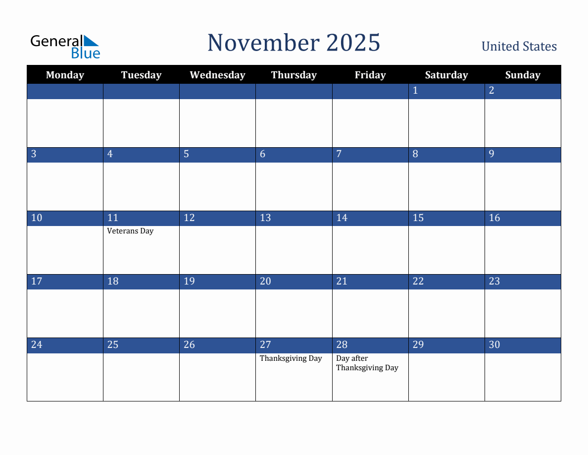 November 2025 United States Holiday Calendar